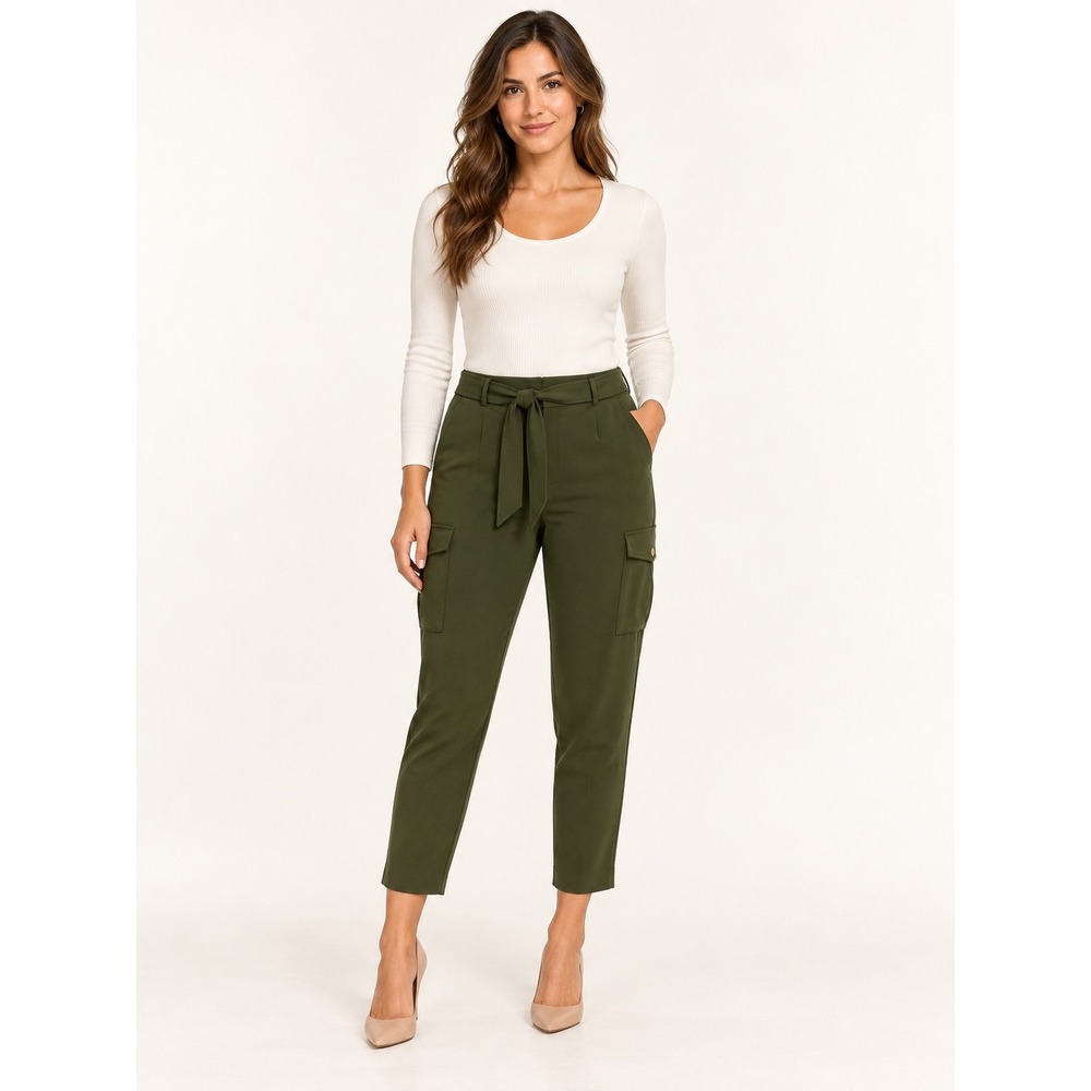 Green Tapered Cargo Pants with Tie Waist and Gold Hardware Details Size 14